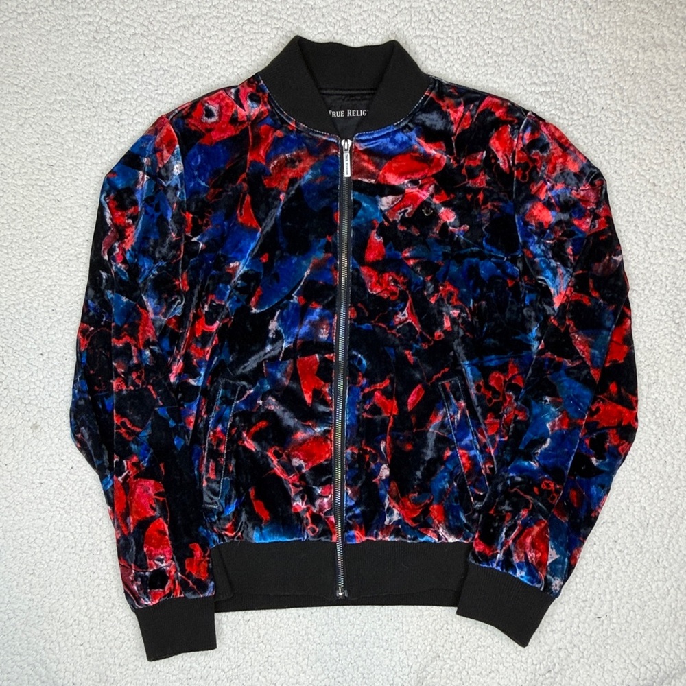 True Religion Multicolor Graphic Velvet Bomber Jacket: Size Medium